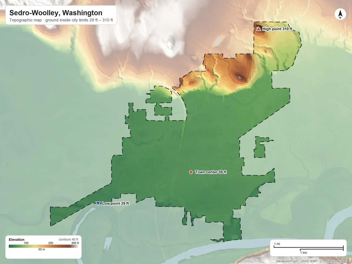Topographic elevation map of Sedro-Woolley, Washington, shaded from 29 ft on the west side to 310 ft on Goat Hill