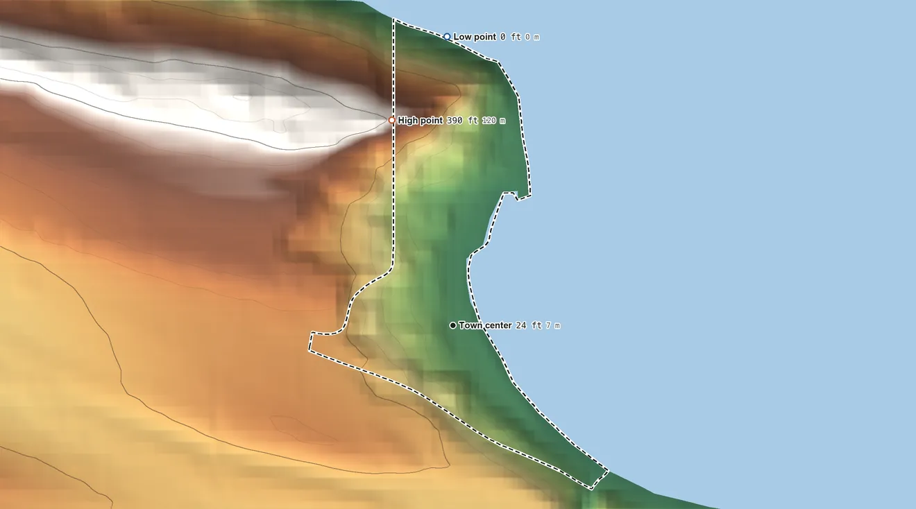 Topographic elevation map of Sekiu, Washington, shaded from sea level level on the Salish Sea to 390 ft on the north edge, below higher ground just outside