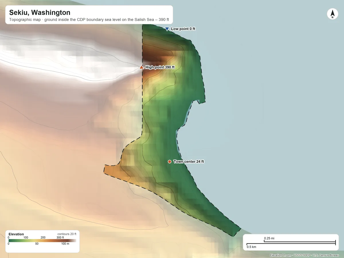 Topographic elevation map of Sekiu, Washington, shaded from sea level level on the Salish Sea to 390 ft on the north edge, below higher ground just outside