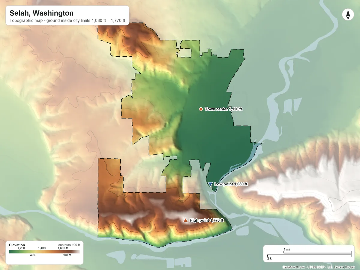 Topographic elevation map of Selah, Washington, shaded from 1,080 ft on the south side to 1,770 ft on the south side