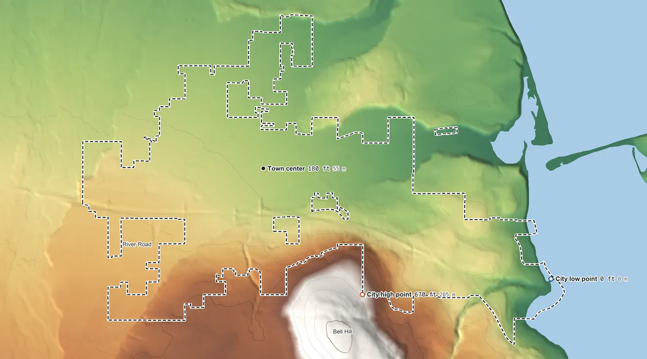 Topographic elevation map of Sequim, Washington, shaded from sea level level on the Salish Sea to 670 ft at the foot of the Quilcene Range