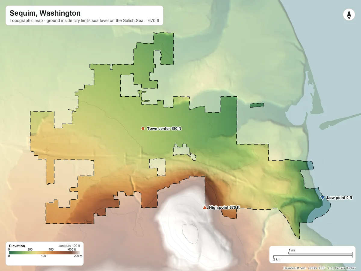 Topographic elevation map of Sequim, Washington, shaded from sea level level on the Salish Sea to 670 ft at the foot of the Quilcene Range