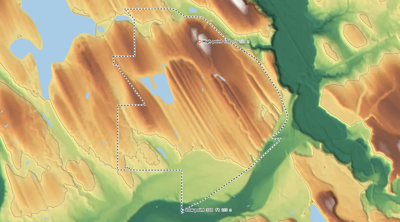 Topographic elevation map of Shadow Lake, Washington, shaded from 380 ft on the south side to 680 ft on the north side