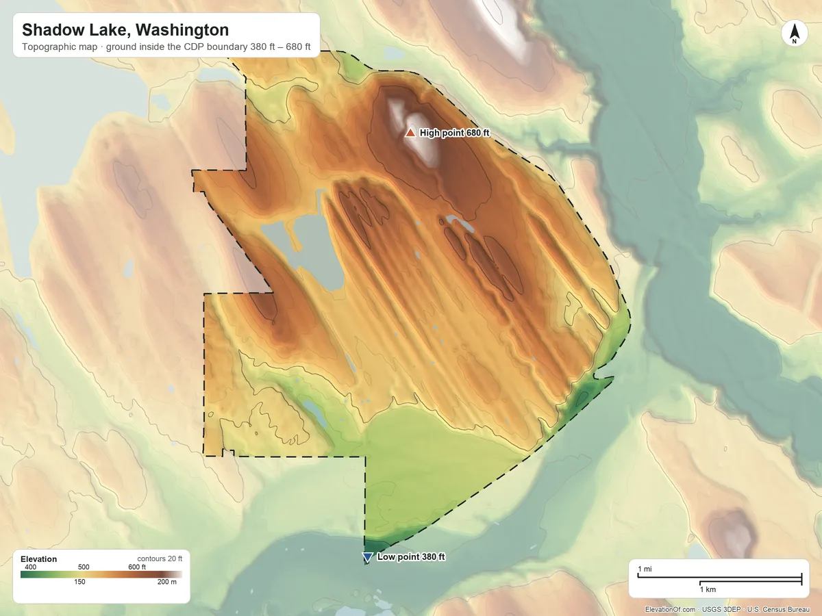 Topographic elevation map of Shadow Lake, Washington, shaded from 380 ft on the south side to 680 ft on the north side