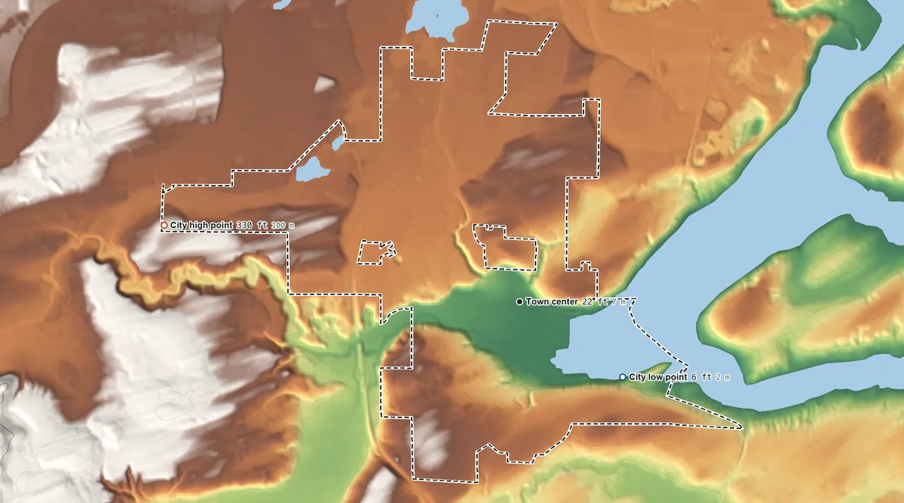 Topographic elevation map of Shelton, Washington, shaded from 6 ft on the southeast side to 330 ft on the west side