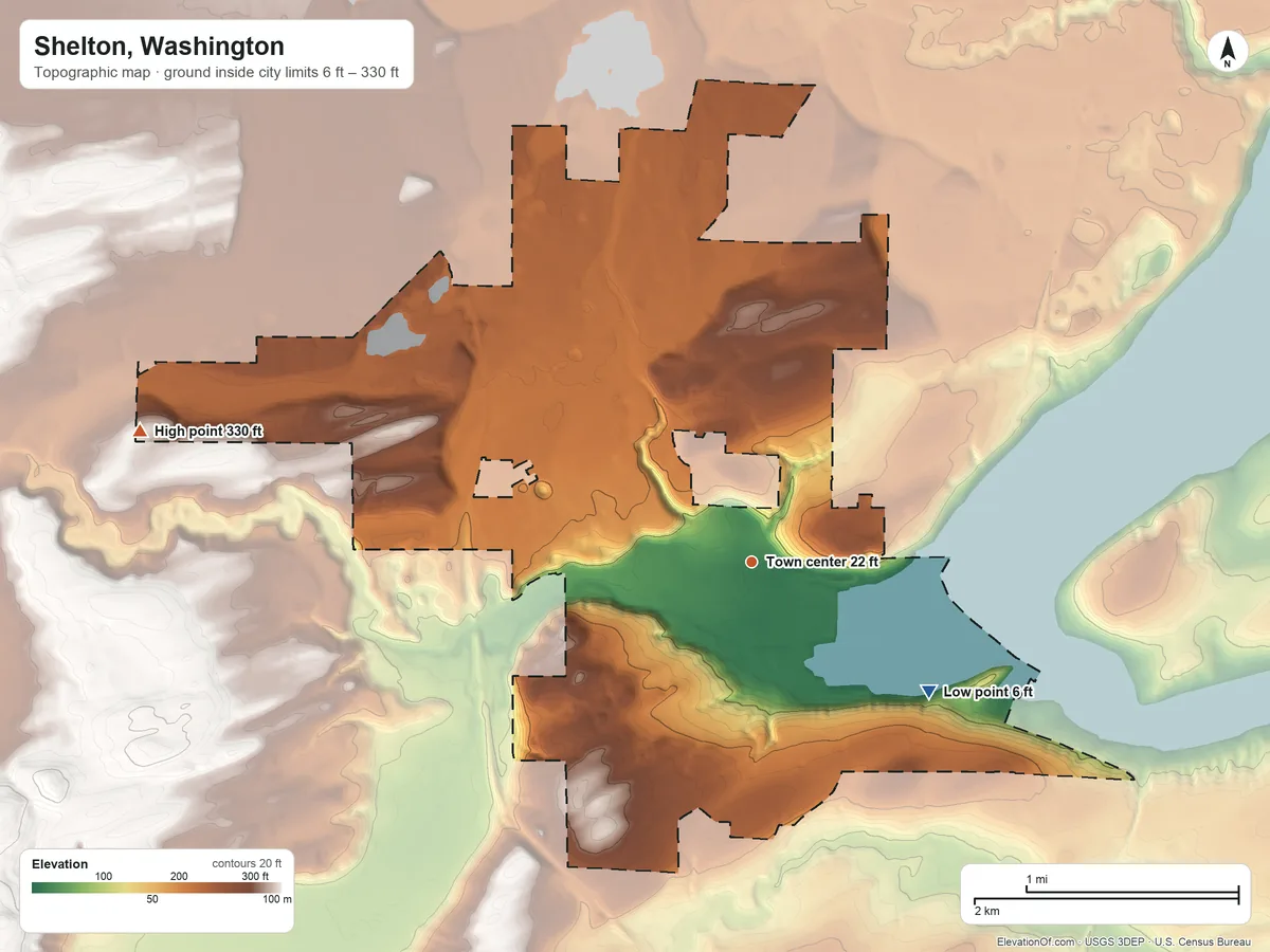 Topographic elevation map of Shelton, Washington, shaded from 6 ft on the southeast side to 330 ft on the west side