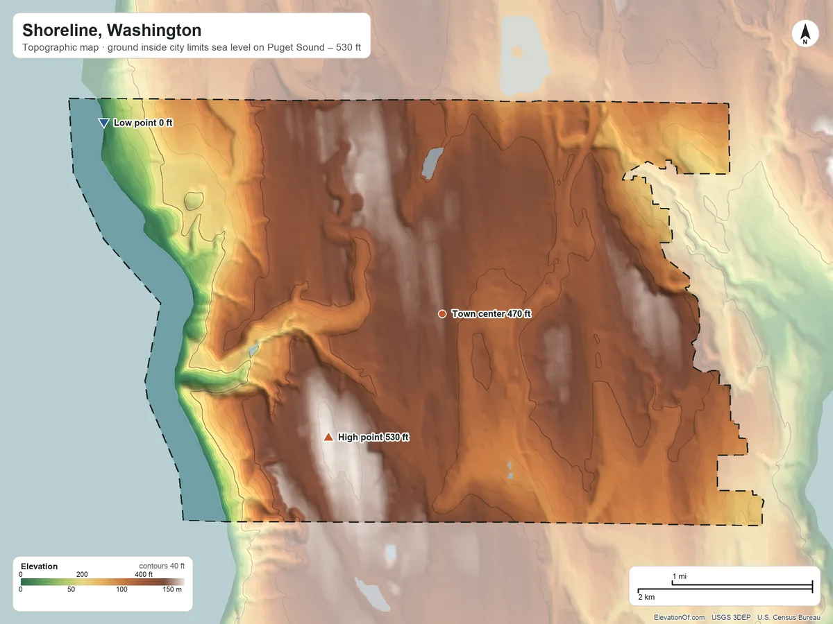 Topographic elevation map of Shoreline, Washington, shaded from sea level level on Puget Sound to 530 ft on the southwest side