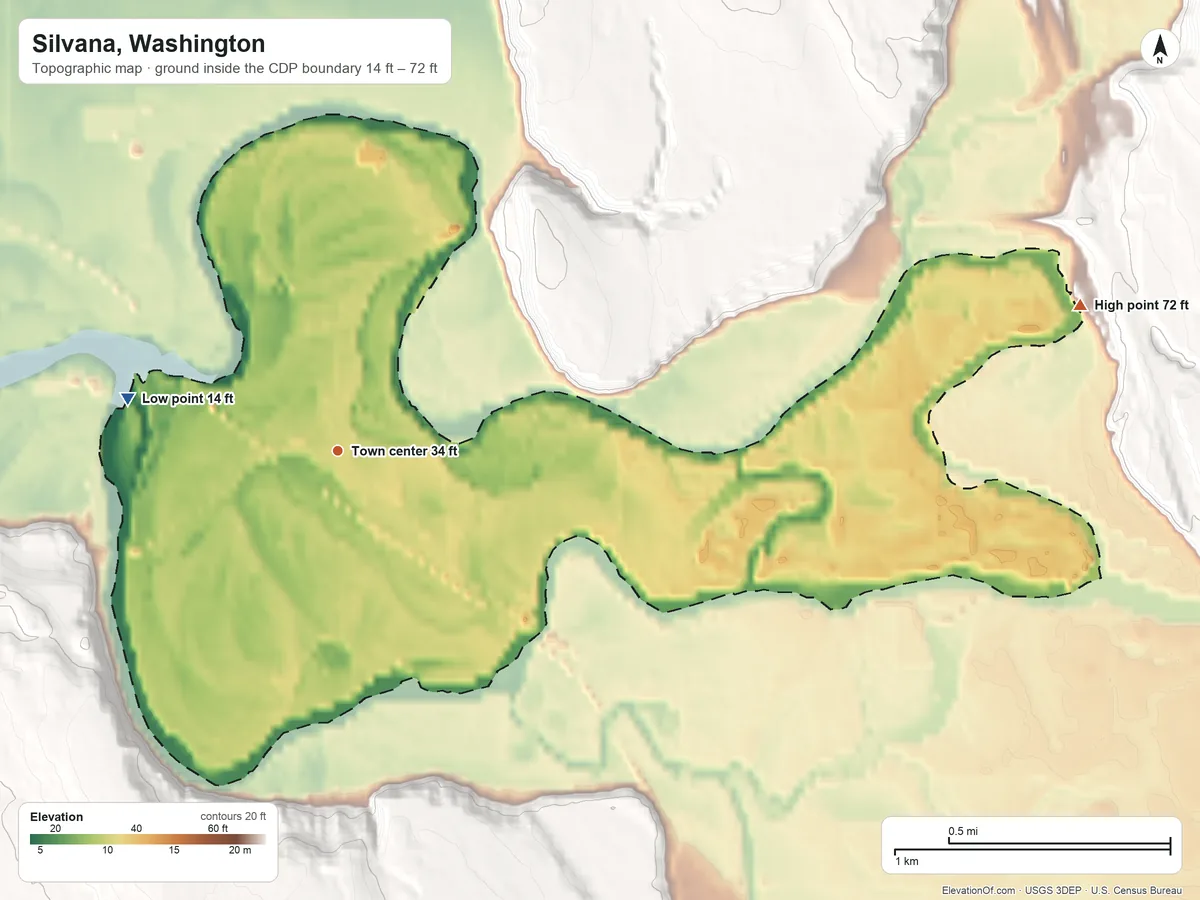 Topographic elevation map of Silvana, Washington, shaded from 14 ft on the west side to 72 ft at the foot of the Cultus Mountains