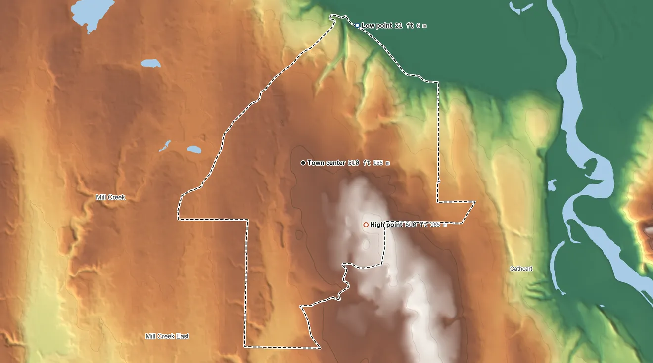 Topographic elevation map of Silver Firs, Washington, shaded from 21 ft on the north side to 610 ft on the southeast side