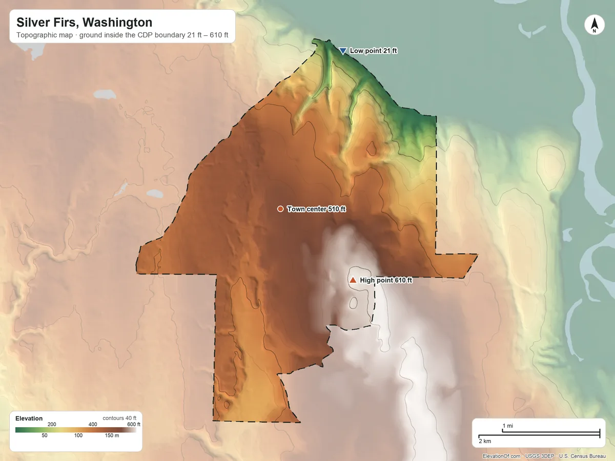 Topographic elevation map of Silver Firs, Washington, shaded from 21 ft on the north side to 610 ft on the southeast side