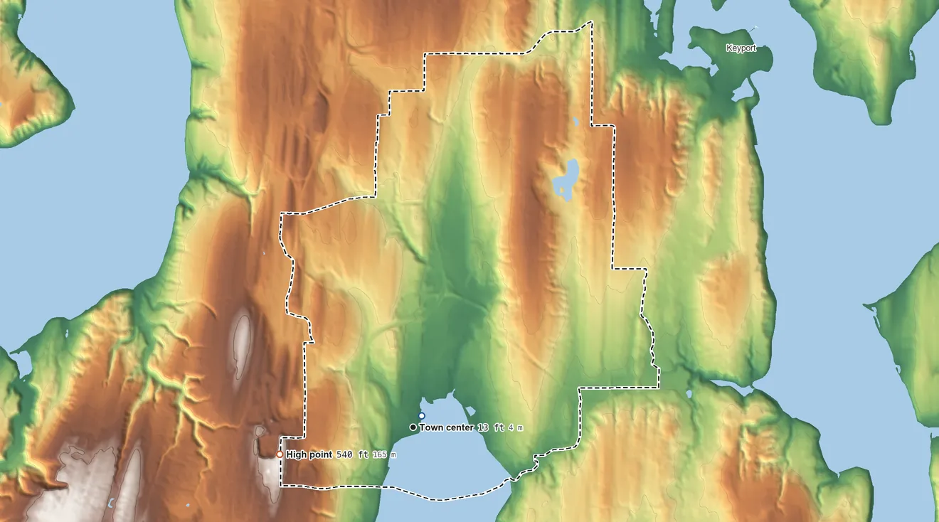 Topographic elevation map of Silverdale, Washington, shaded from sea level level on Dyes Inlet to 540 ft on the west side
