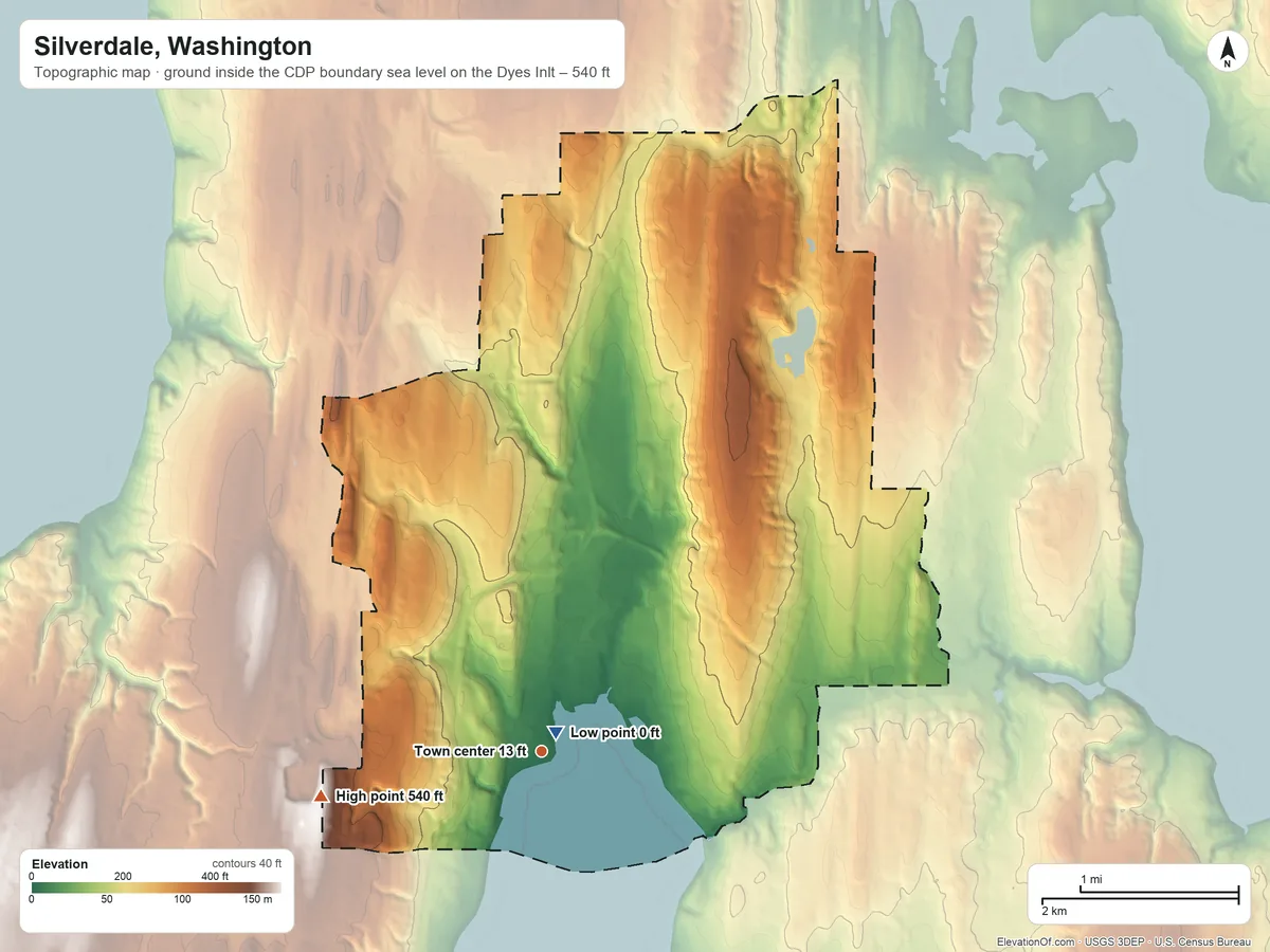 Topographic elevation map of Silverdale, Washington, shaded from sea level level on Dyes Inlet to 540 ft on the west side