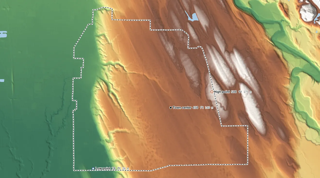 Topographic elevation map of Sisco Heights, Washington, shaded from 78 ft on the southwest side to 580 ft on the east side