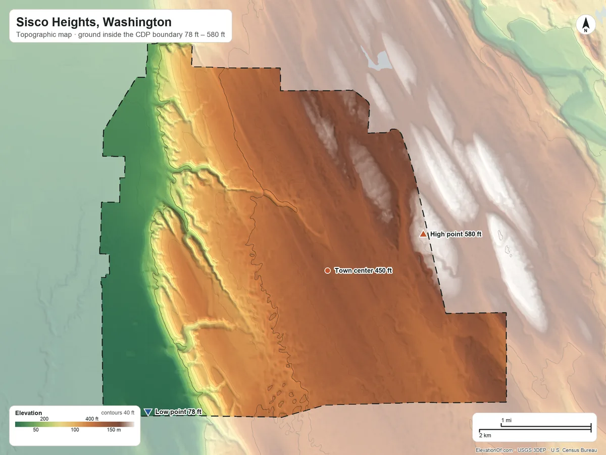 Topographic elevation map of Sisco Heights, Washington, shaded from 78 ft on the southwest side to 580 ft on the east side