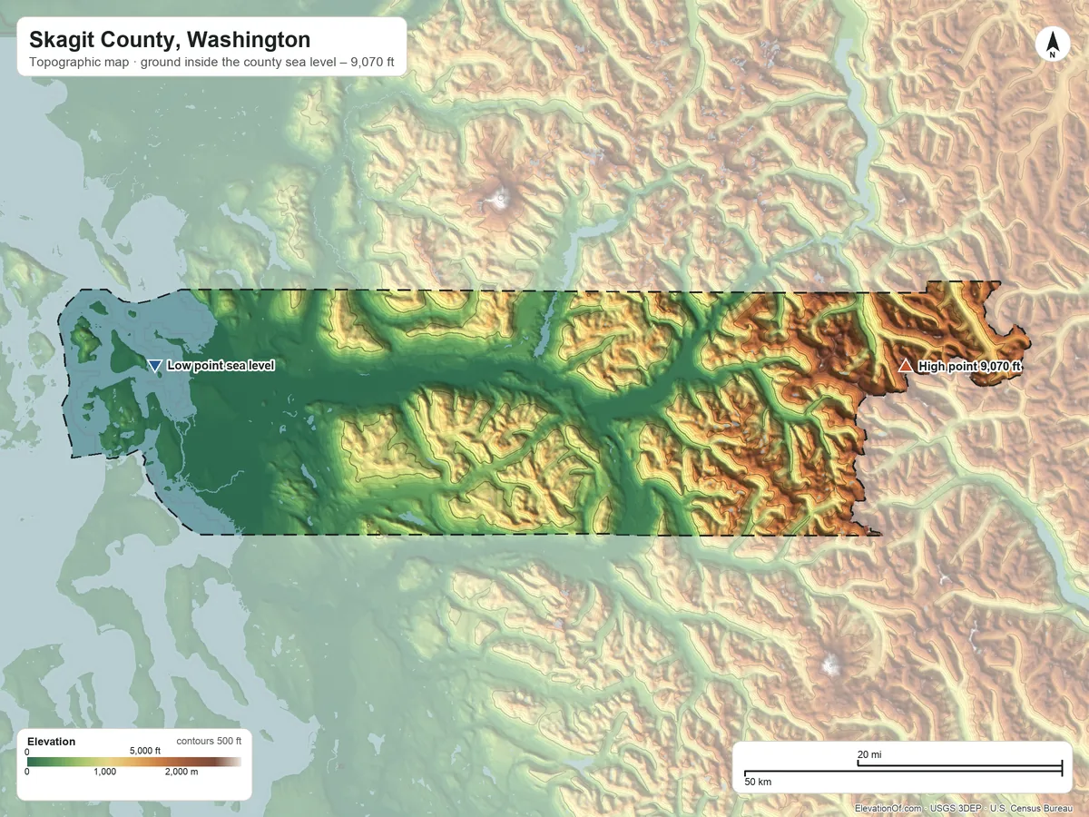 Topographic elevation map of Skagit County, Washington, shaded from sea level on the Salish Sea to 9,070 ft on Mount Logan