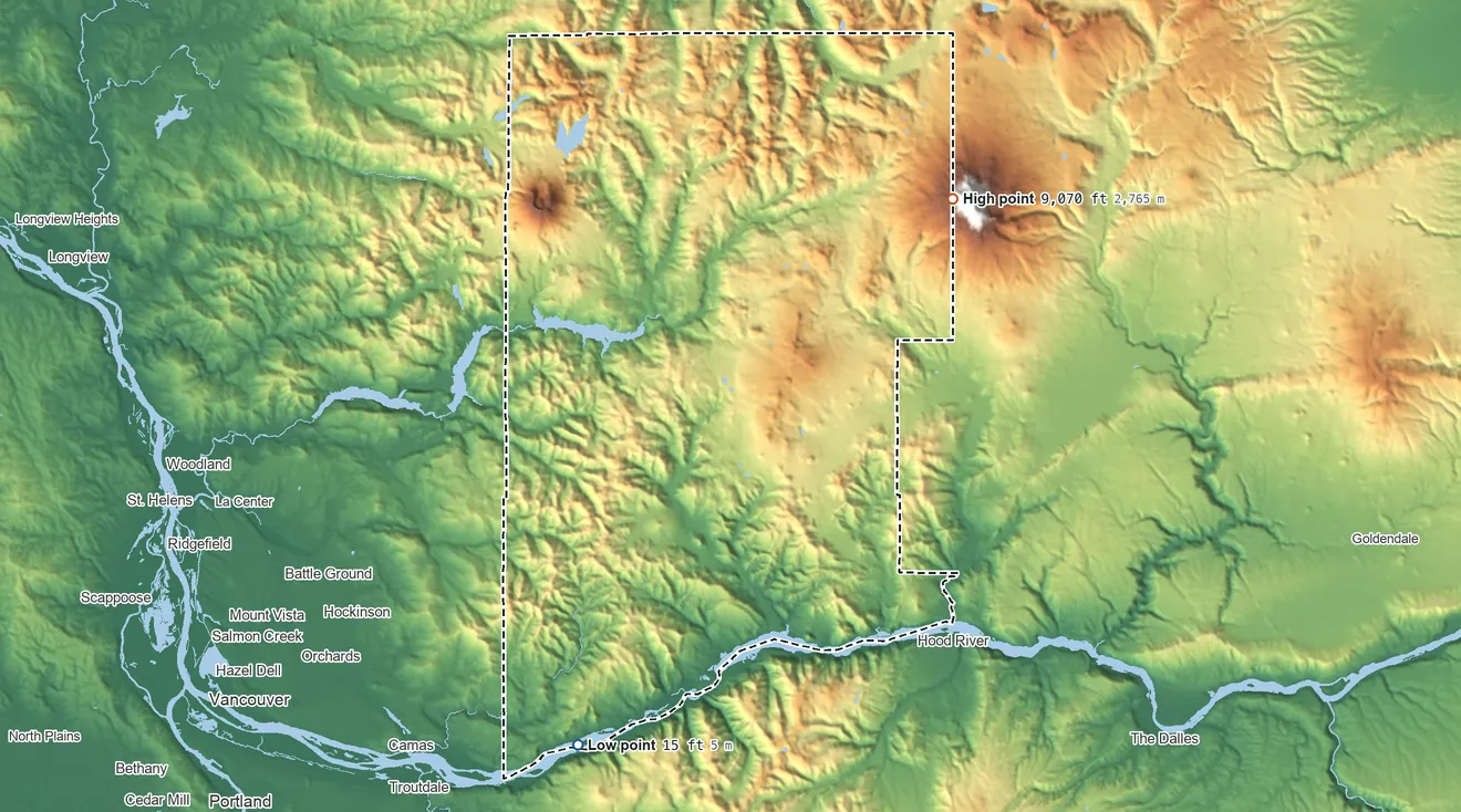 Topographic elevation map of Skamania County, Washington, shaded from 15 ft on the southwest side to 9,070 ft on the northeast side