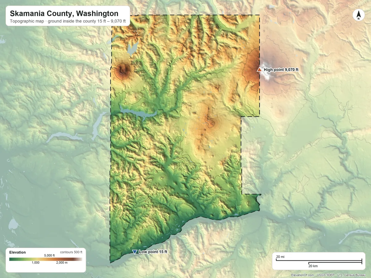 Topographic elevation map of Skamania County, Washington, shaded from 15 ft on the southwest side to 9,070 ft on the northeast side