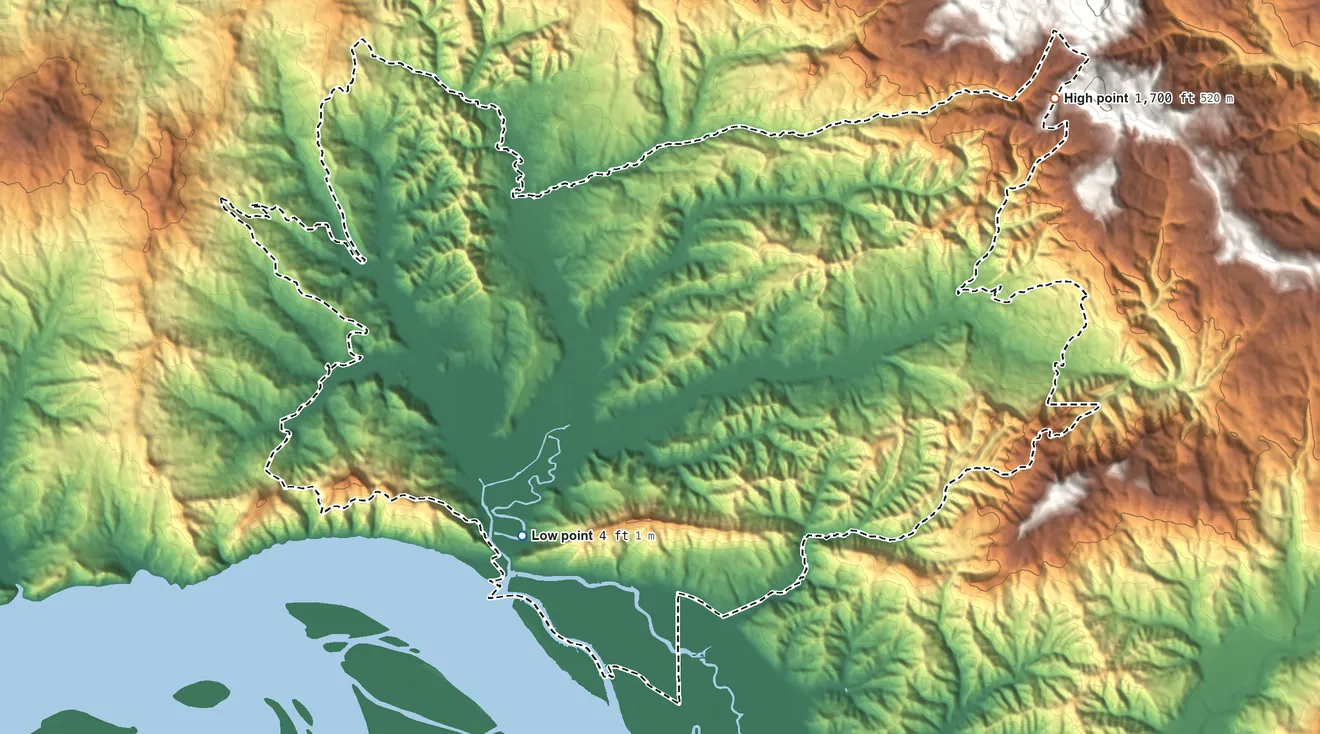 Topographic elevation map of Skamokawa Valley, Washington, shaded from 4 ft on the southwest side to 1,700 ft on the northeast edge, below higher ground just outside