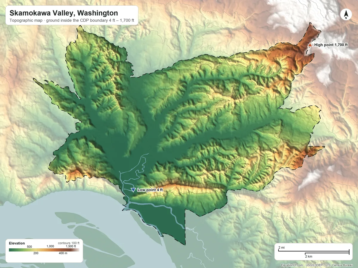 Topographic elevation map of Skamokawa Valley, Washington, shaded from 4 ft on the southwest side to 1,700 ft on the northeast edge, below higher ground just outside