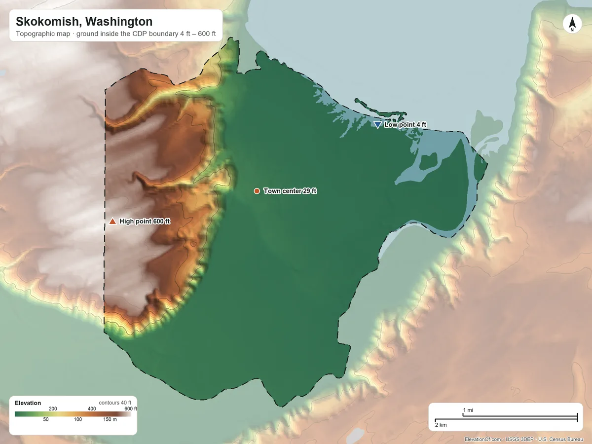 Topographic elevation map of Skokomish, Washington, shaded from 4 ft on the northeast side to 600 ft on the west side