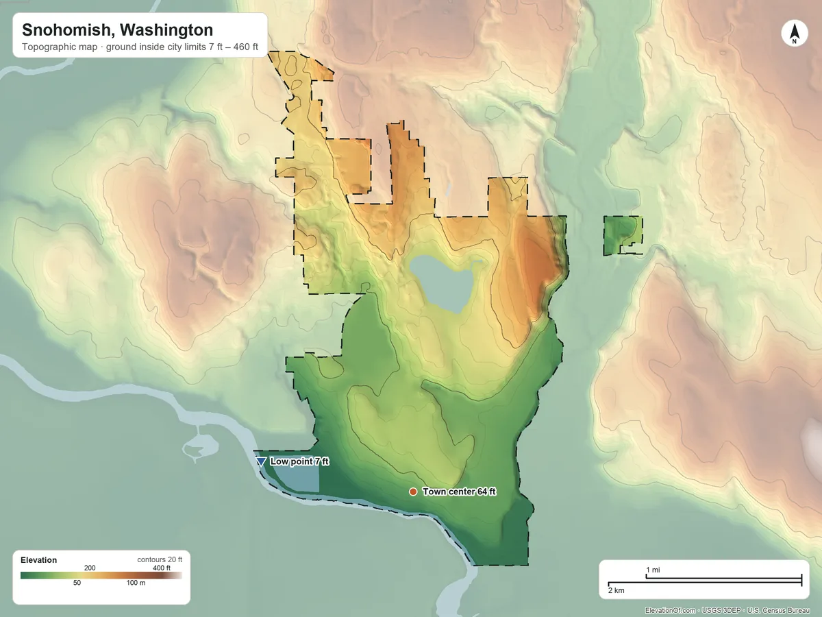 Topographic elevation map of Snohomish, Washington, shaded from 7 ft on the west side to 460 ft on the northeast edge, below higher ground just outside