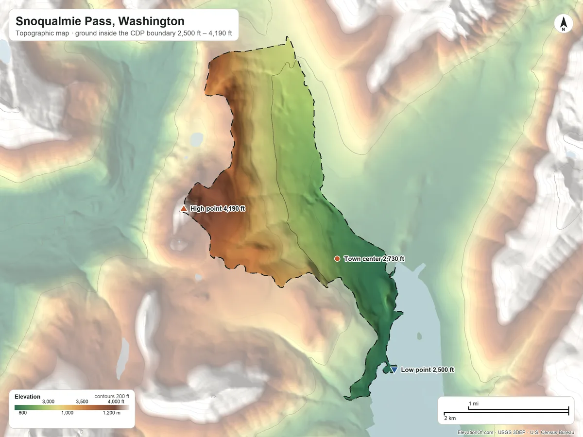Topographic elevation map of Snoqualmie Pass, Washington, shaded from 2,500 ft on the southeast side to 4,190 ft on the west edge, below higher ground just outside