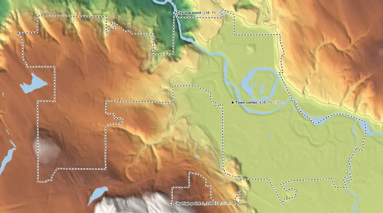 Topographic elevation map of Snoqualmie, Washington, shaded from 110 ft on the northwest side to 1,200 ft on the southwest edge, below higher ground just outside