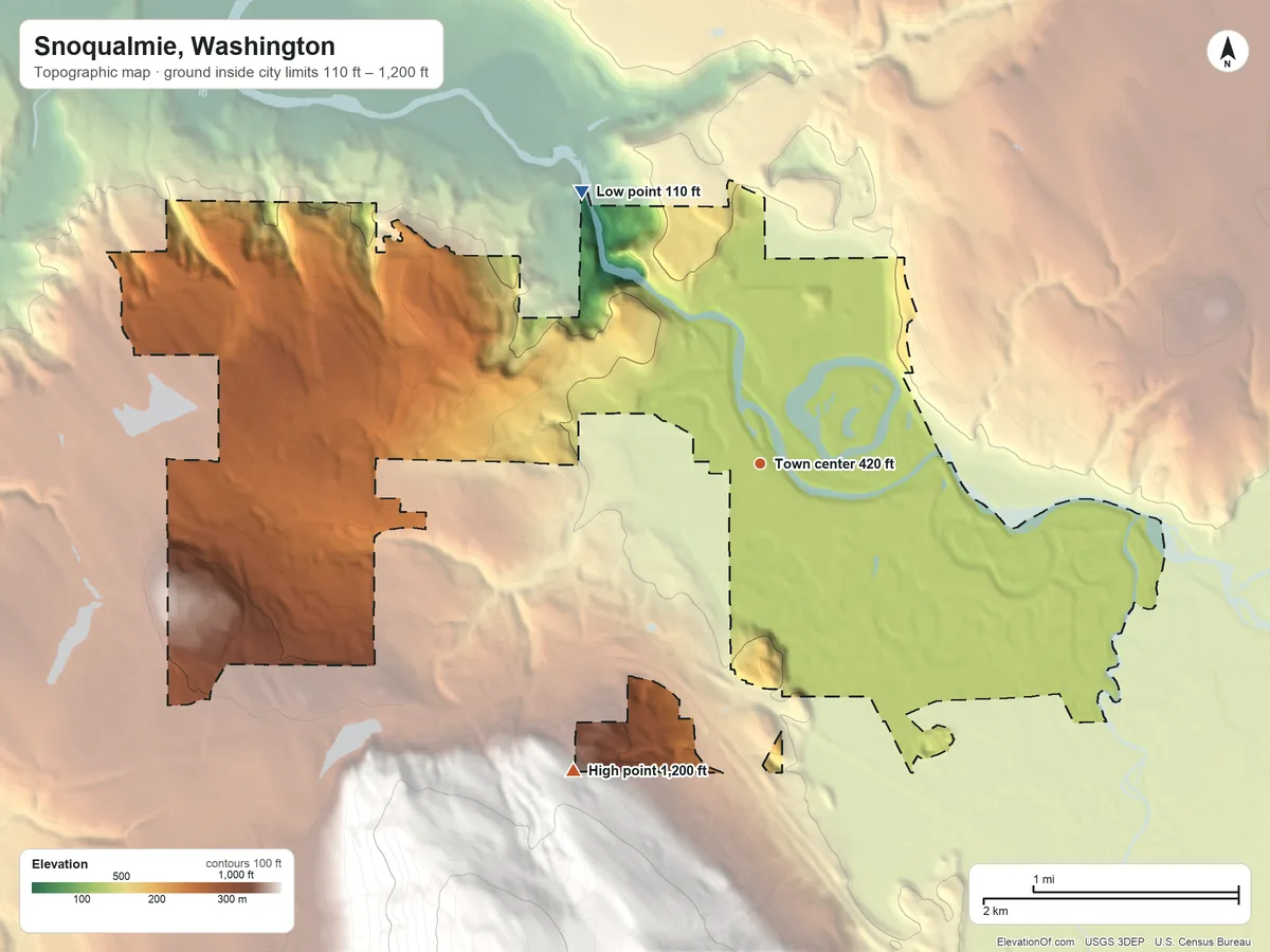 Topographic elevation map of Snoqualmie, Washington, shaded from 110 ft on the northwest side to 1,200 ft on the southwest edge, below higher ground just outside