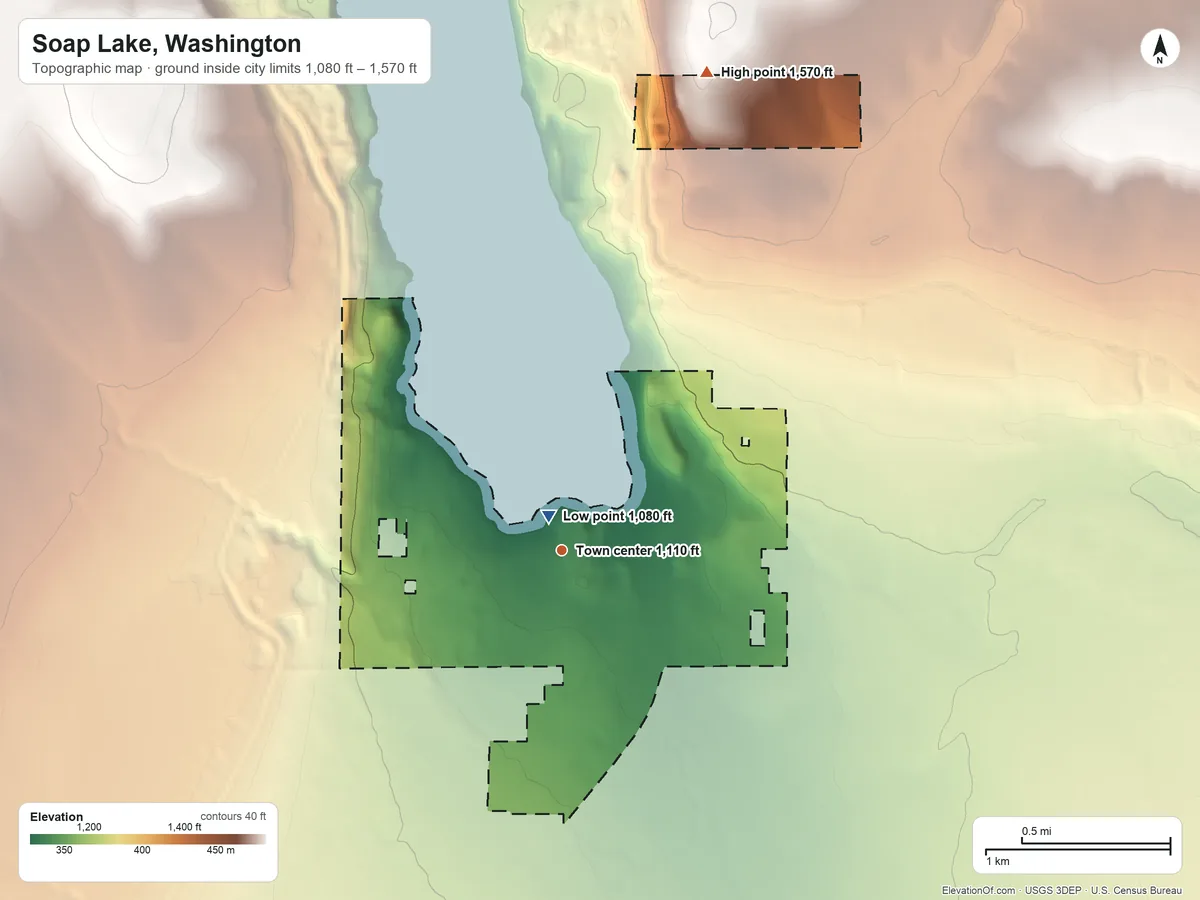 Topographic elevation map of Soap Lake, Washington, shaded from 1,080 ft near the middle to 1,570 ft on the north side
