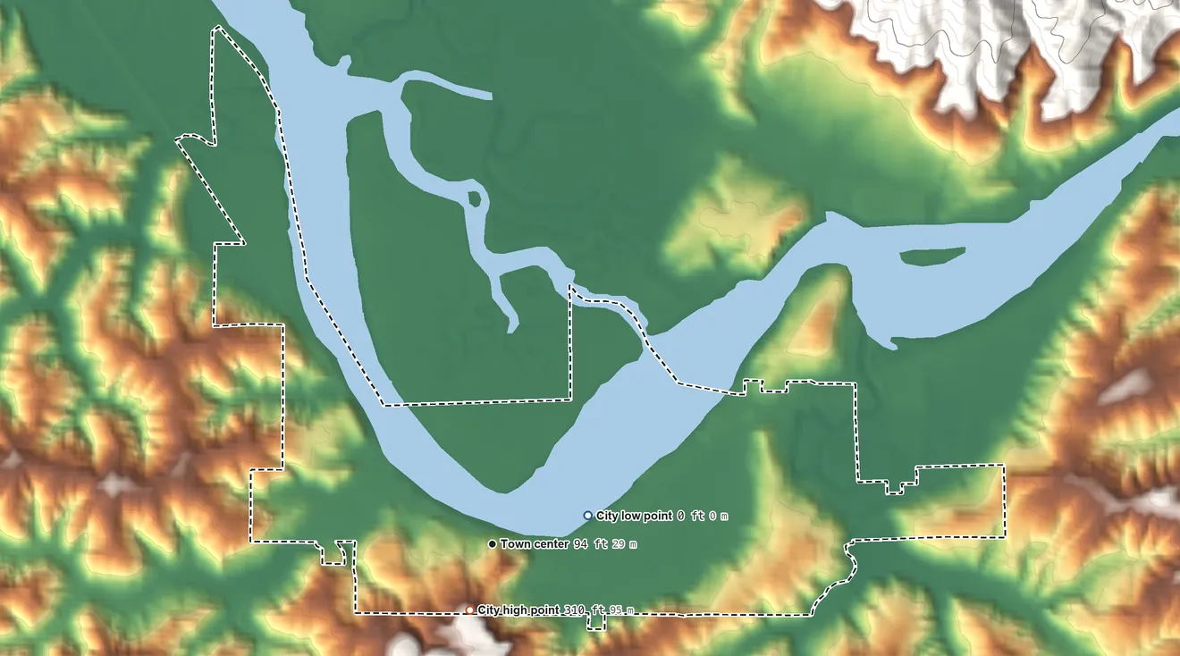 Topographic elevation map of South Bend, Washington, shaded from 0 ft near the middle to 310 ft near the middle