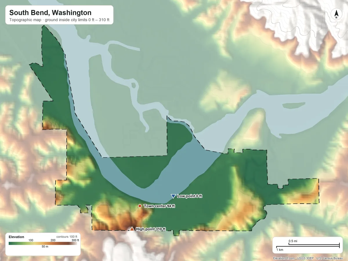 Topographic elevation map of South Bend, Washington, shaded from 0 ft near the middle to 310 ft near the middle