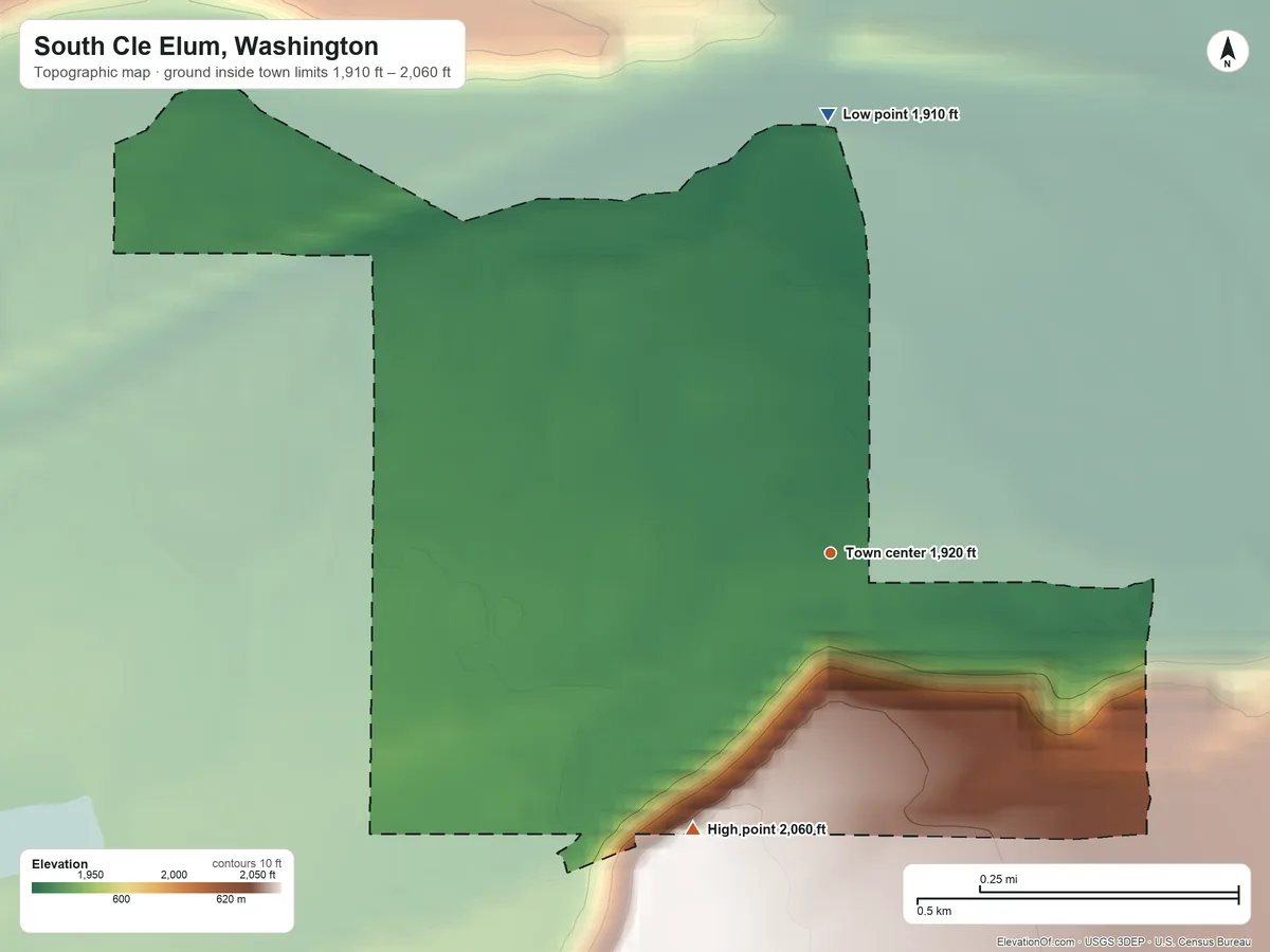 Topographic elevation map of South Cle Elum, Washington, shaded from 1,910 ft on the north side to 2,060 ft on the southwest edge, below higher ground just outside
