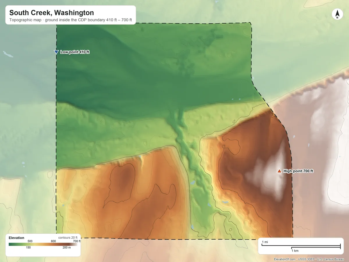 Topographic elevation map of South Creek, Washington, shaded from 410 ft on the northwest side to 700 ft on the east side