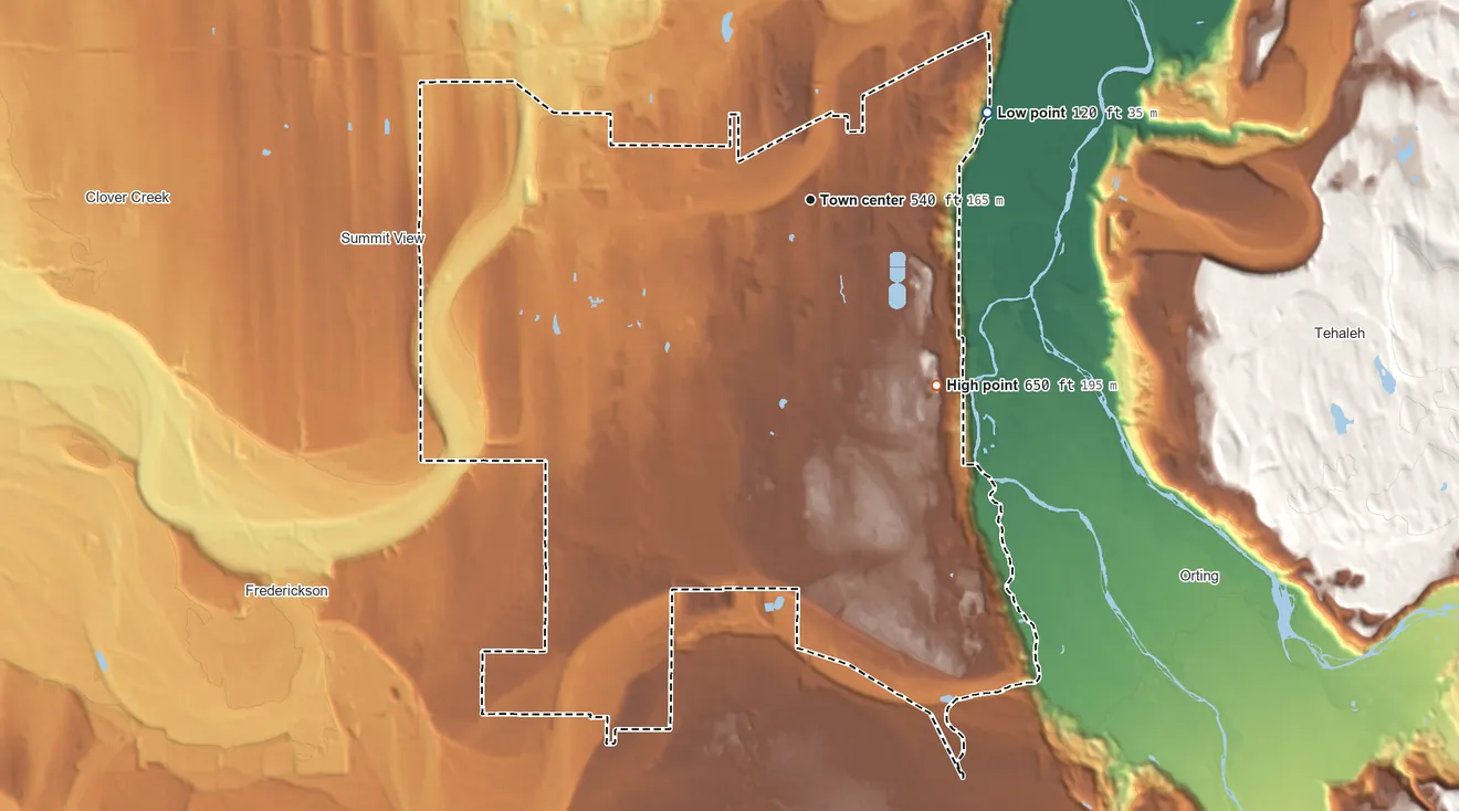 Topographic elevation map of South Hill, Washington, shaded from 120 ft on the northeast side to 650 ft on the southeast side