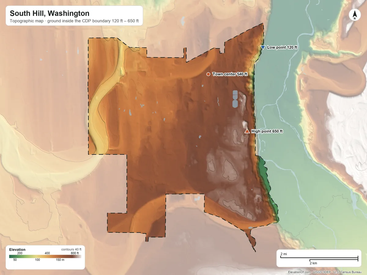 Topographic elevation map of South Hill, Washington, shaded from 120 ft on the northeast side to 650 ft on the southeast side