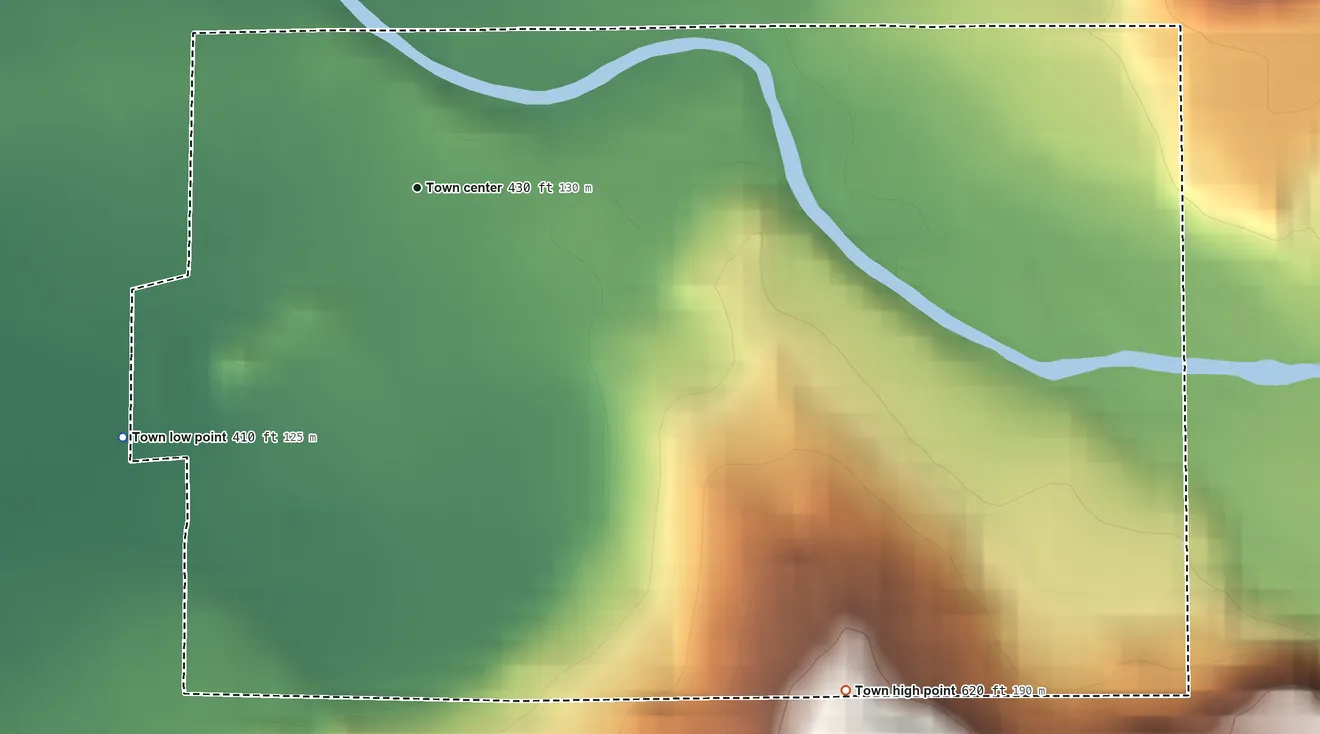 Topographic elevation map of South Prairie, Washington, shaded from 410 ft on the southwest side to 620 ft on the southeast edge, below higher ground just outside