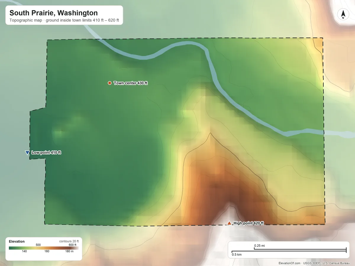 Topographic elevation map of South Prairie, Washington, shaded from 410 ft on the southwest side to 620 ft on the southeast edge, below higher ground just outside