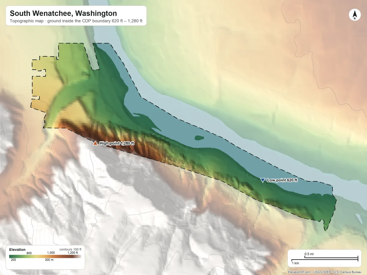 Topographic elevation map of South Wenatchee, Washington, shaded from 620 ft on the southeast side to 1,280 ft on the southeast edge, below higher ground just outside