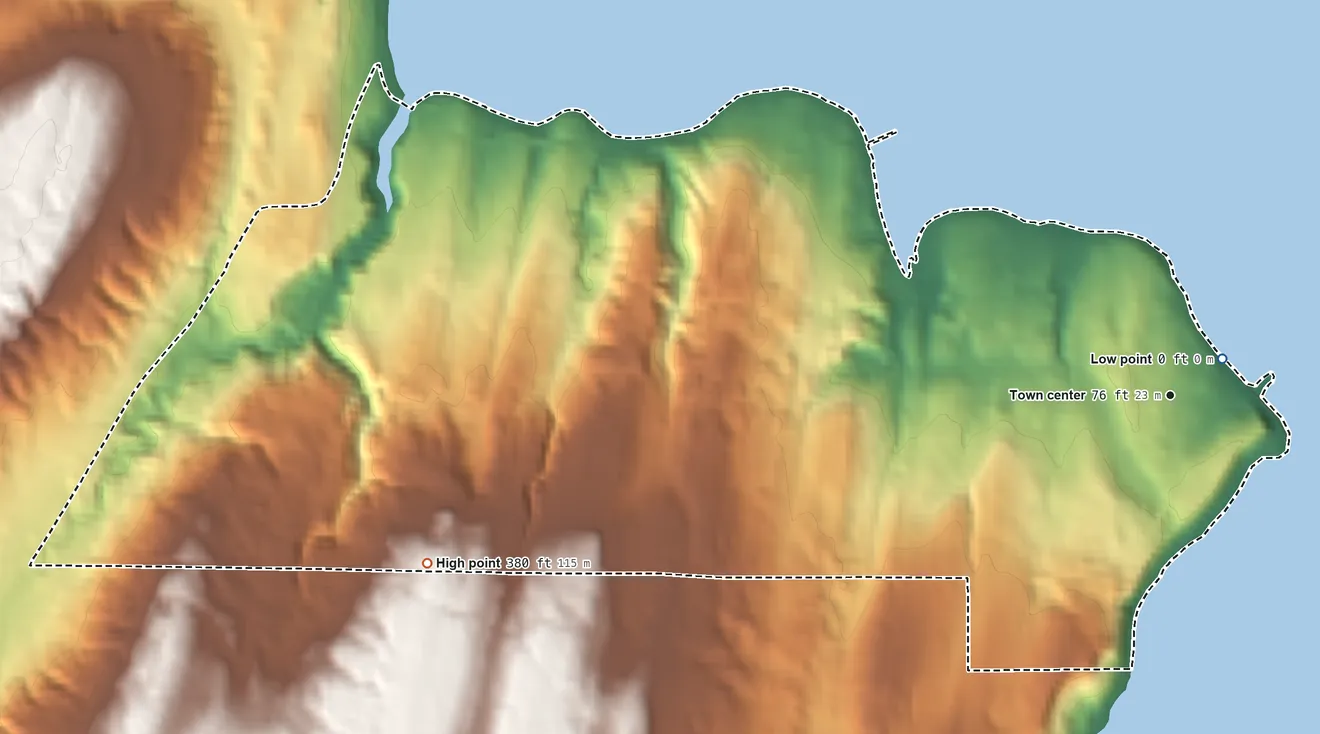 Topographic elevation map of Southworth, Washington, shaded from sea level level on Puget Sound to 380 ft on the west side