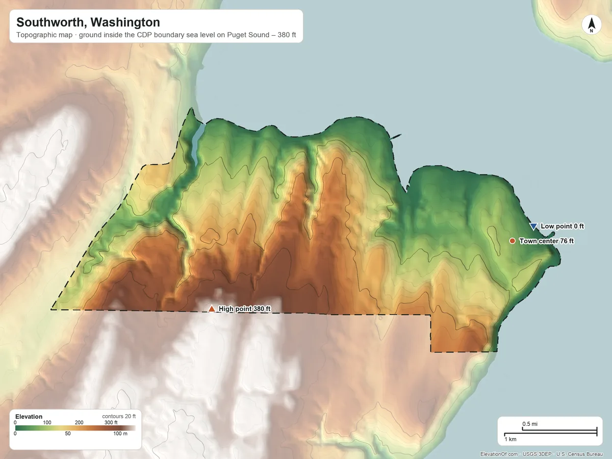 Topographic elevation map of Southworth, Washington, shaded from sea level level on Puget Sound to 380 ft on the west side