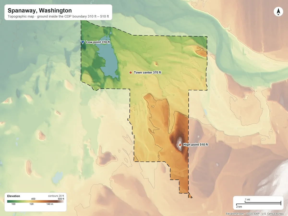 Topographic elevation map of Spanaway, Washington, shaded from 310 ft on the northwest side to 510 ft on the southeast side