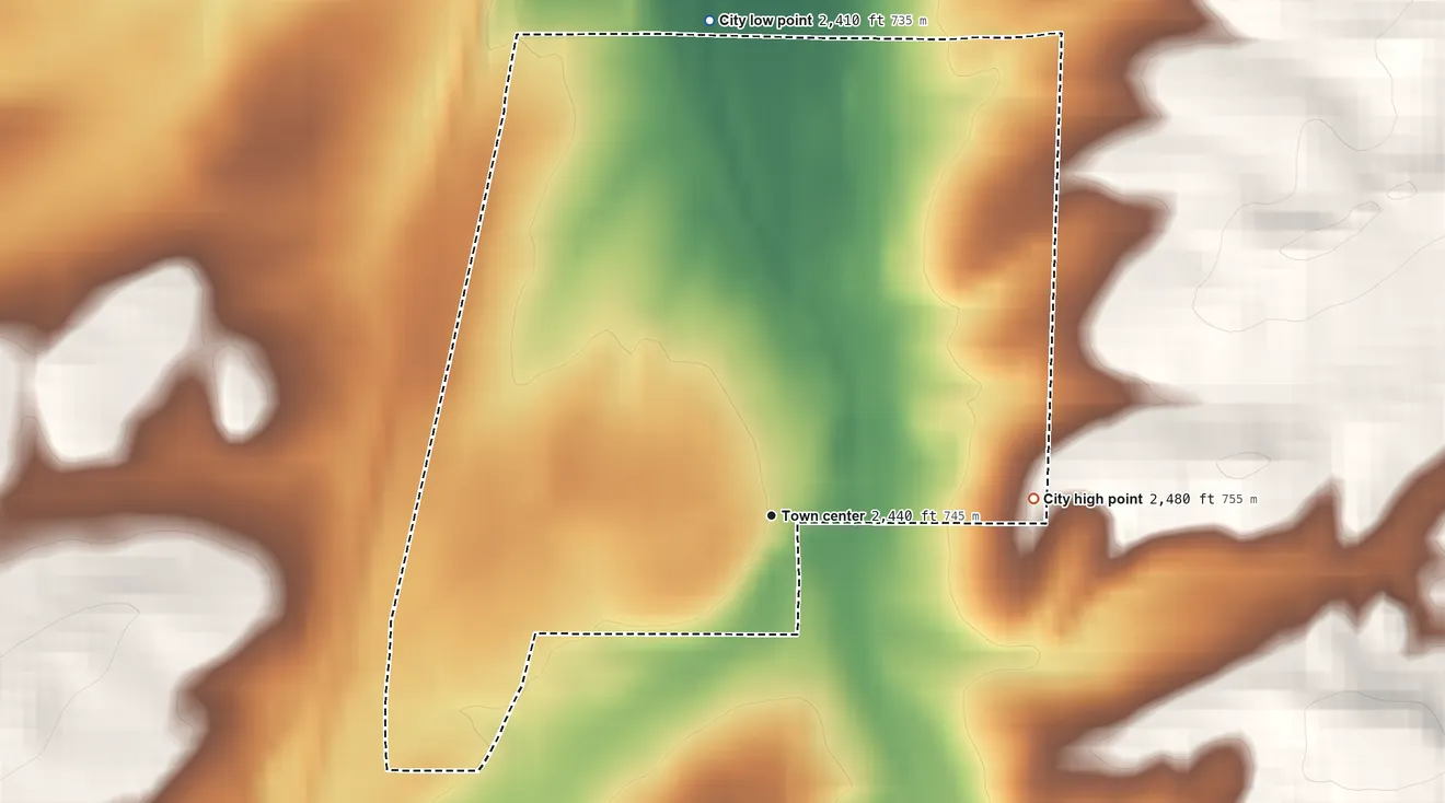 Topographic elevation map of Spangle, Washington, shaded from 2,410 ft on the north side to 2,480 ft on the east side