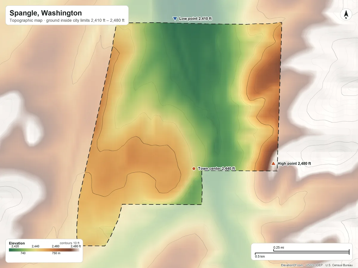 Topographic elevation map of Spangle, Washington, shaded from 2,410 ft on the north side to 2,480 ft on the east side