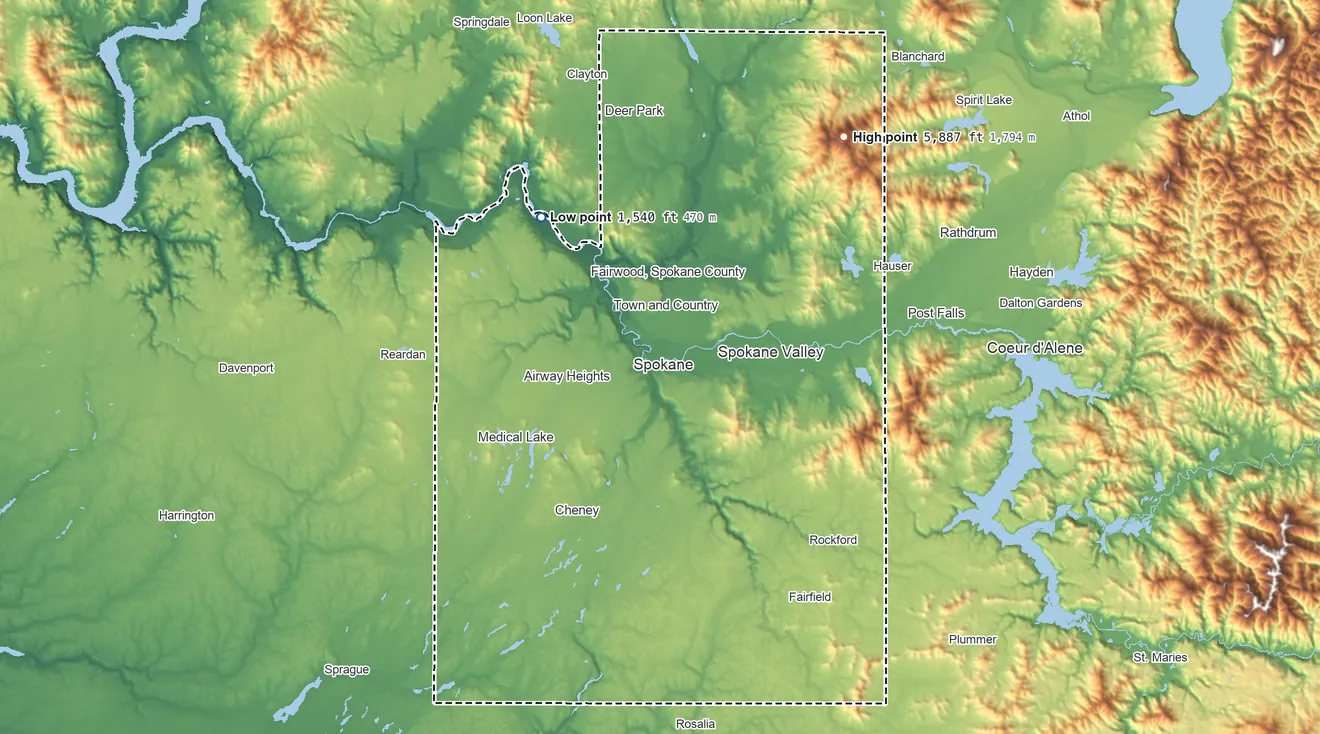 Topographic elevation map of Spokane County, Washington, shaded from 1,540 ft on the northwest side to 5,887 ft on Mount Spokane