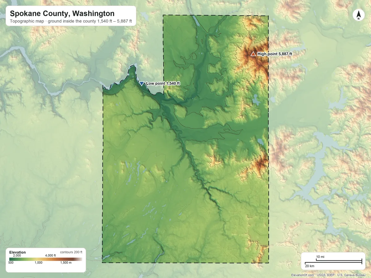 Topographic elevation map of Spokane County, Washington, shaded from 1,540 ft on the northwest side to 5,887 ft on Mount Spokane