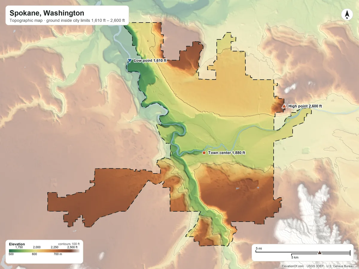 Topographic elevation map of Spokane, Washington, shaded from 1,610 ft on the northwest side to 2,600 ft on Beacon Hill