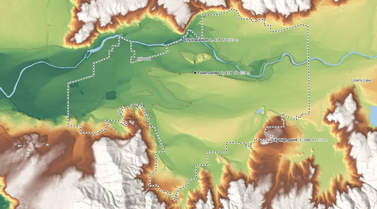 Topographic elevation map of Spokane Valley, Washington, shaded from 1,910 ft on the northwest side to 2,380 ft on the southeast side