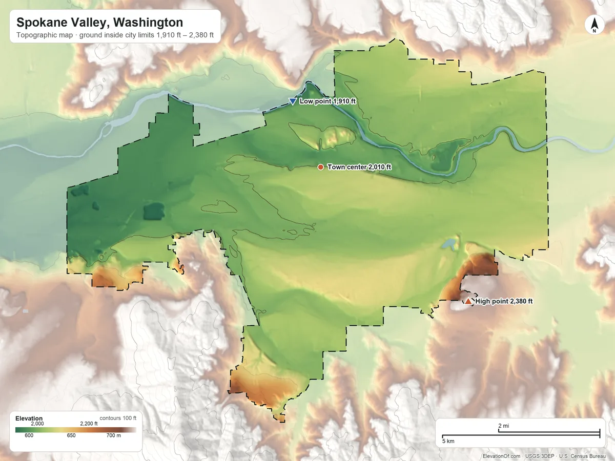 Topographic elevation map of Spokane Valley, Washington, shaded from 1,910 ft on the northwest side to 2,380 ft on the southeast side