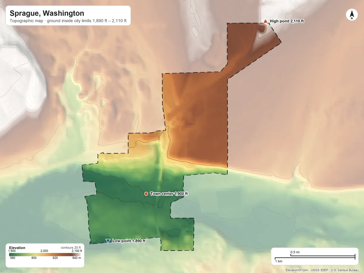Topographic elevation map of Sprague, Washington, shaded from 1,890 ft on the southwest side to 2,110 ft on the northeast side