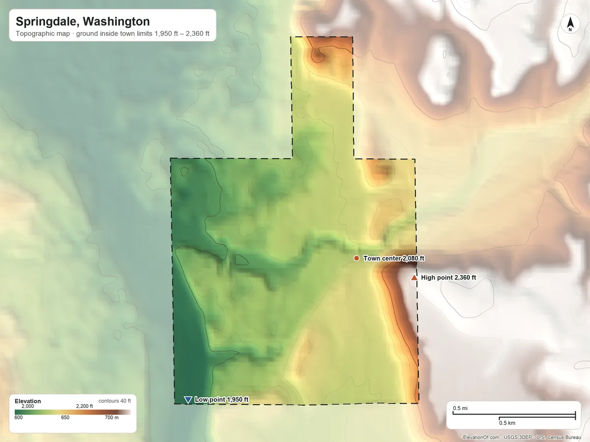 Topographic elevation map of Springdale, Washington, shaded from 1,950 ft on the southwest side to 2,360 ft on the east edge, below higher ground just outside